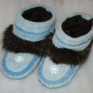 Toddler MOCCASINS Blue SUEDE Leather Fur Trim Slippers Baby Booties Lined